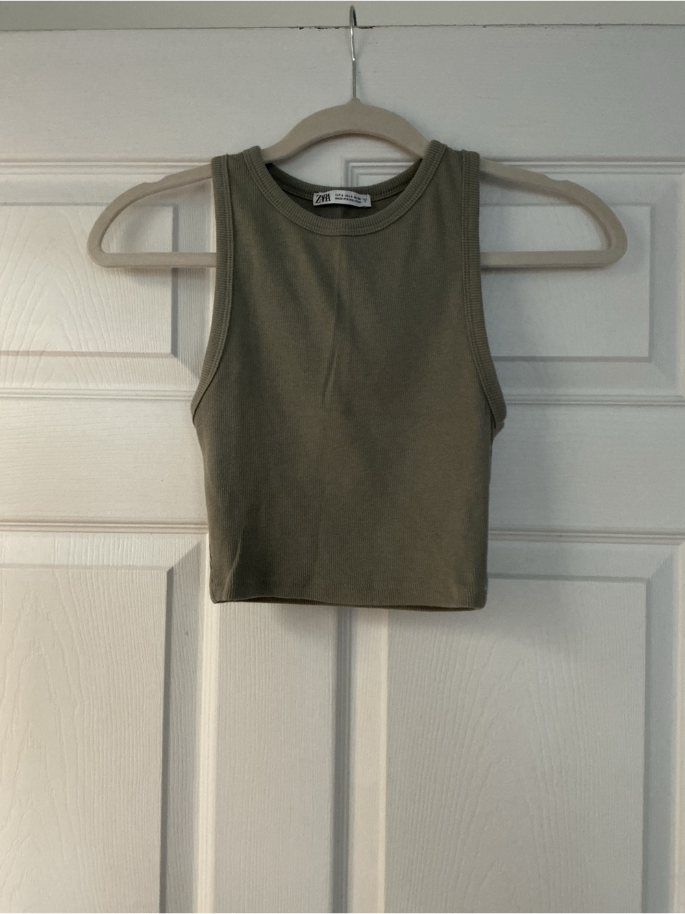 ZARA Olive Ribbed High-Neck Crop Tank
